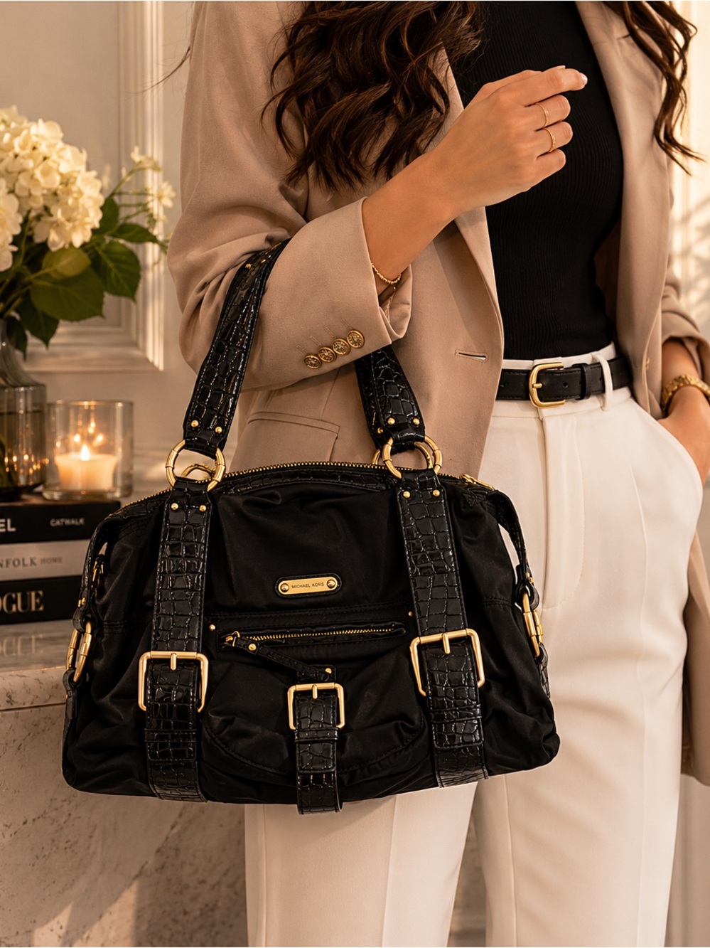 Black Women's Satchel Handbag with Gold Hardware